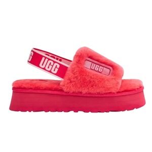UGG Disco Slides Sandals‎ Pink Cloud Sheepskin Fluff Fur Slingback Strap Logo 7